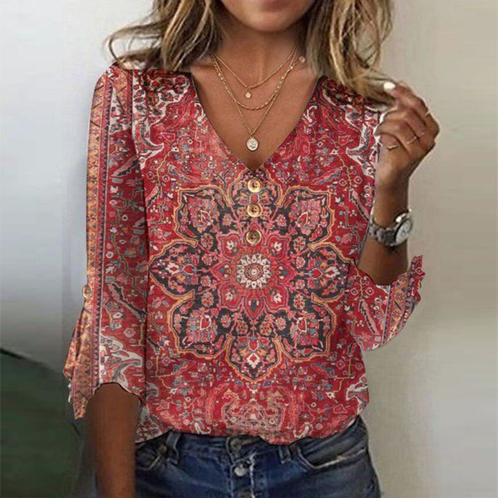 Blusa Floral com Decote em V e Mangas Soltas