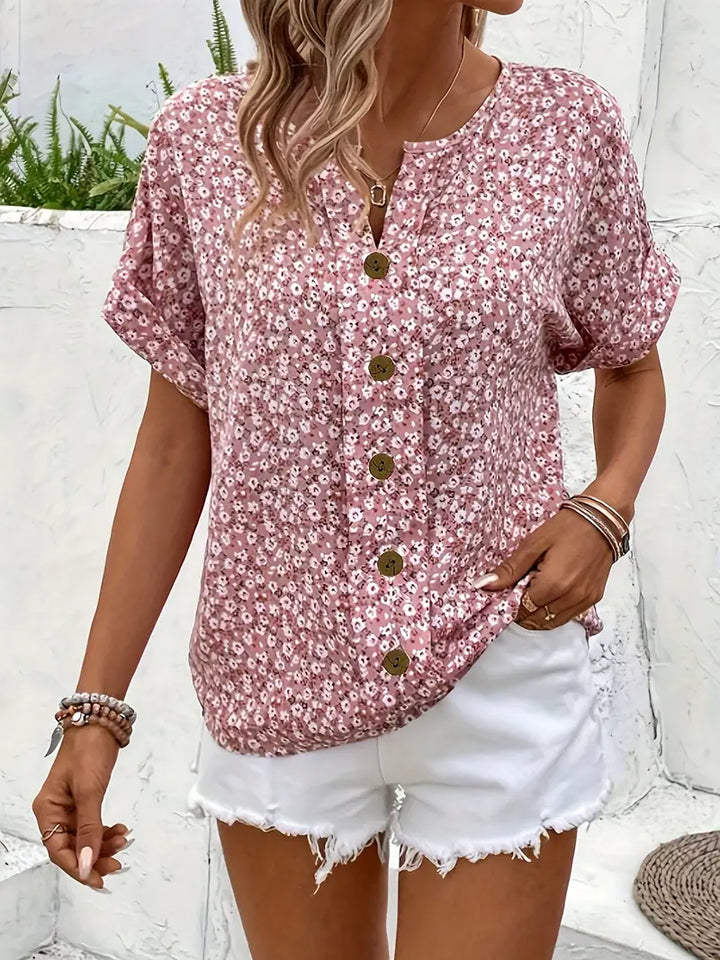 Blusa Floral de Manga Curta com Botões e Corte Folgado