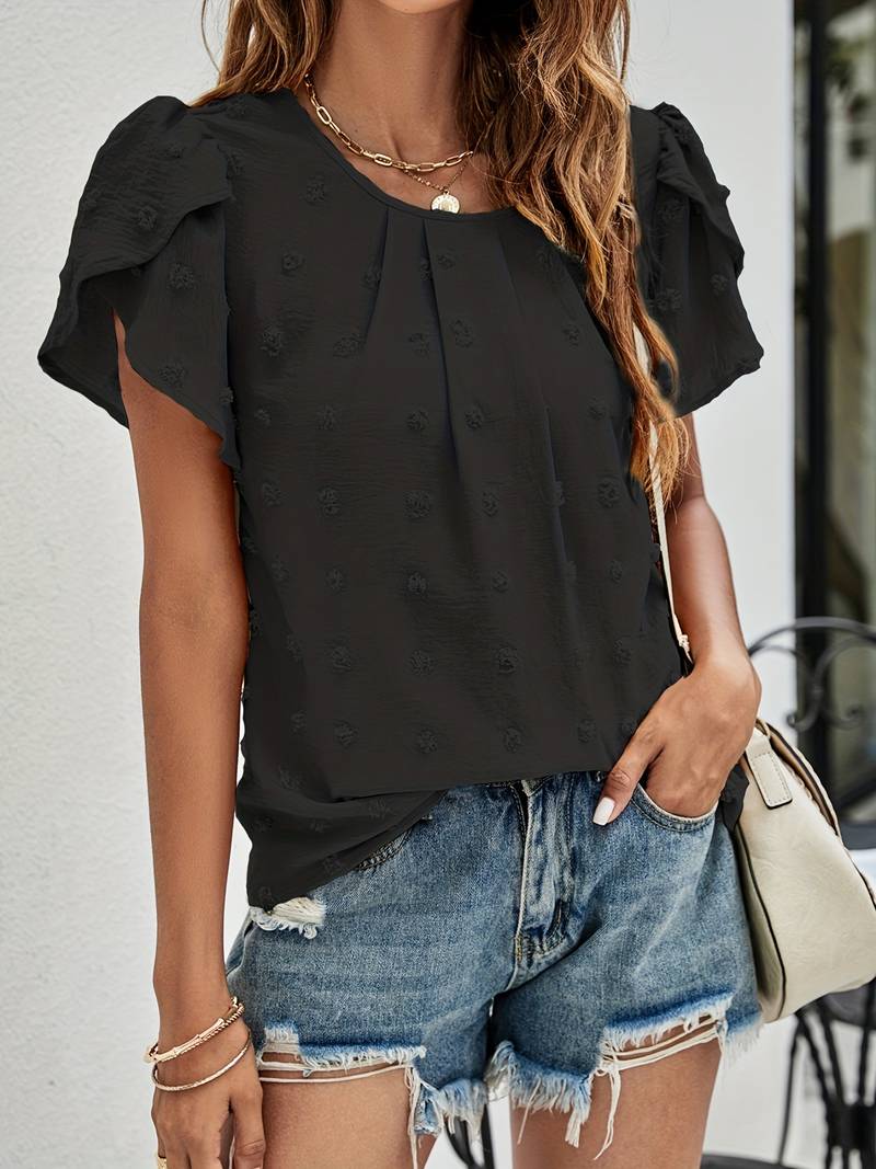 Blusa Elegante de Pintas Suíças com Mangas Pétala