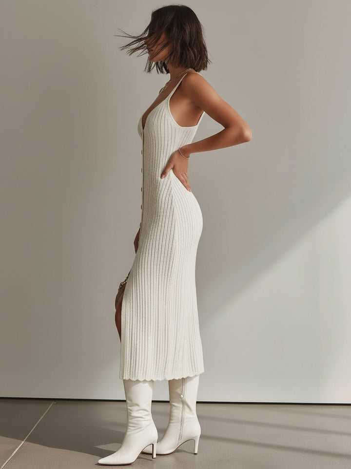 Vestido Midi Malha – Decote V Profundo