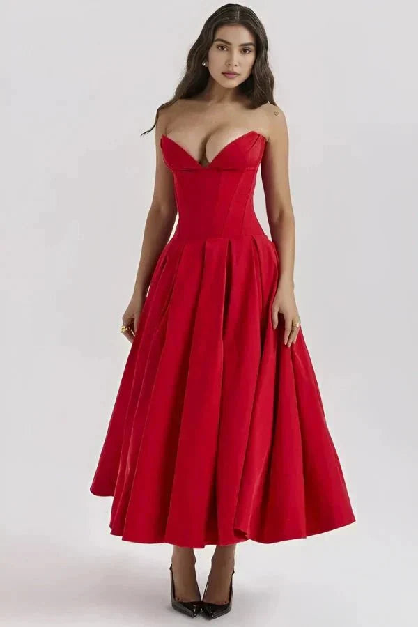 Vestido Midi com Corpete Estruturado - Sem Alças