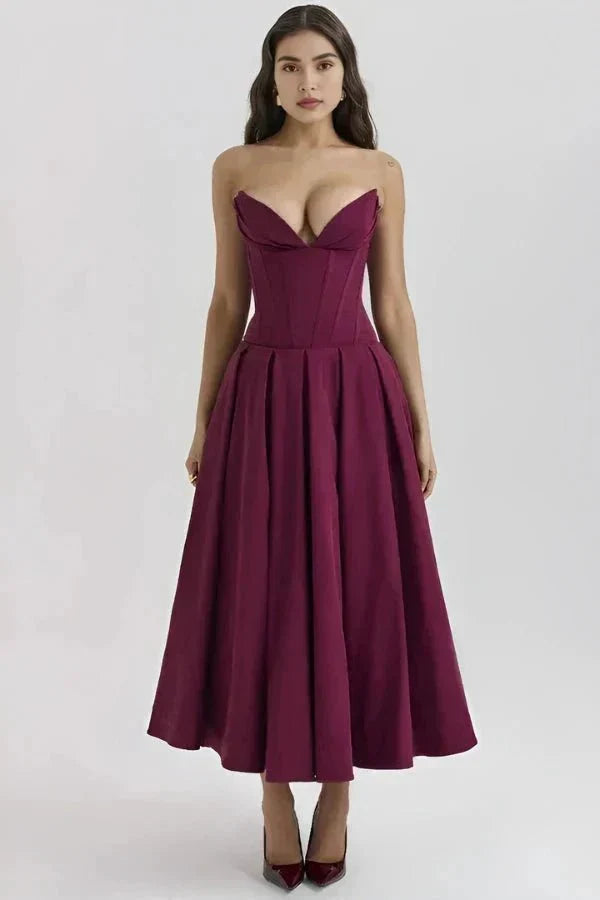 Vestido Midi com Corpete Estruturado - Sem Alças