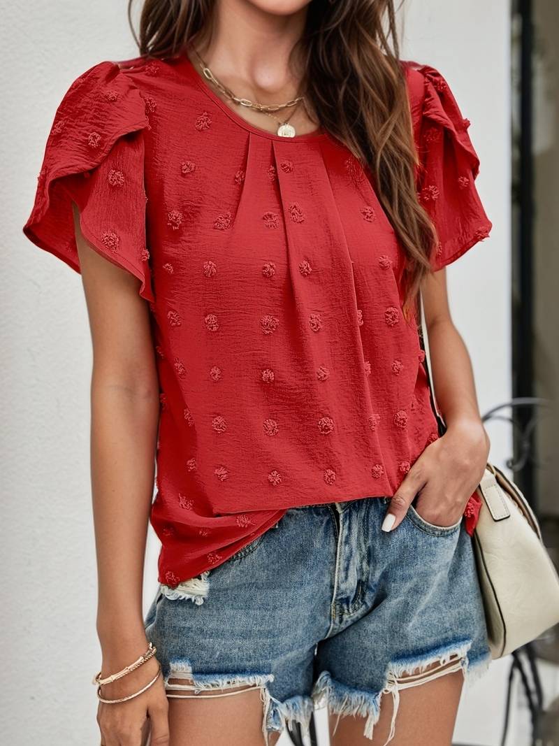Blusa Elegante de Pintas Suíças com Mangas Pétala