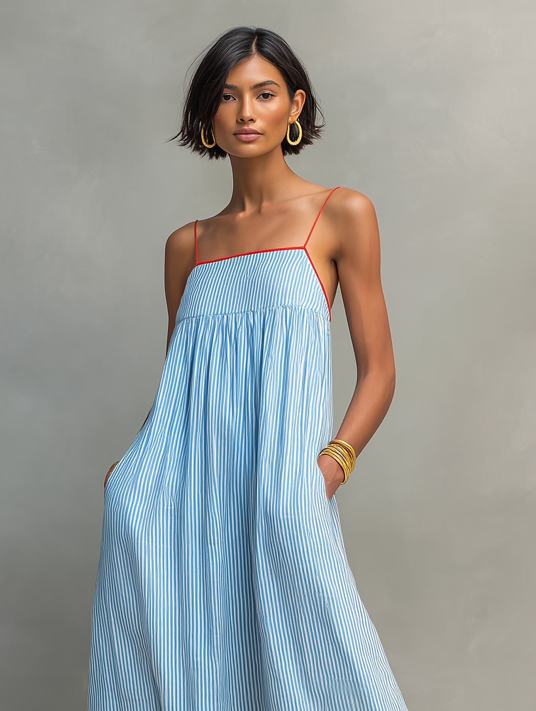 Filipa | Vestido de Riscas com Acabamento Vermelho e Alças Finas