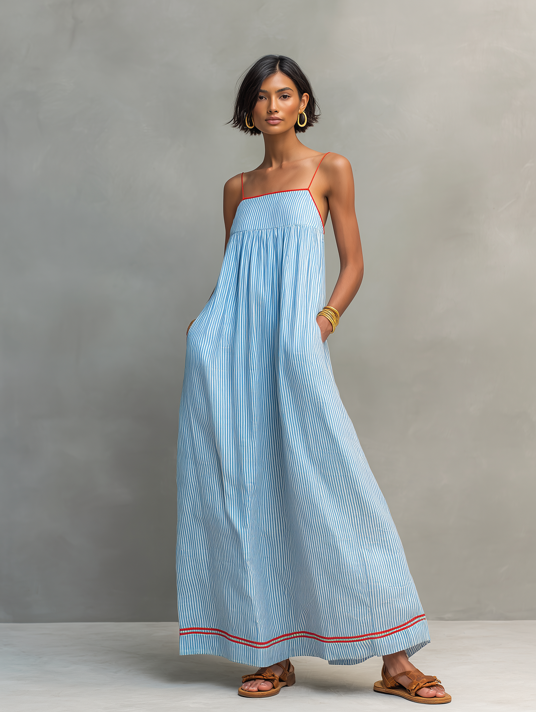 Filipa | Vestido de Riscas com Acabamento Vermelho e Alças Finas