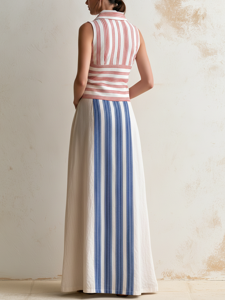 Costa | Vestido longo em linho, riscado