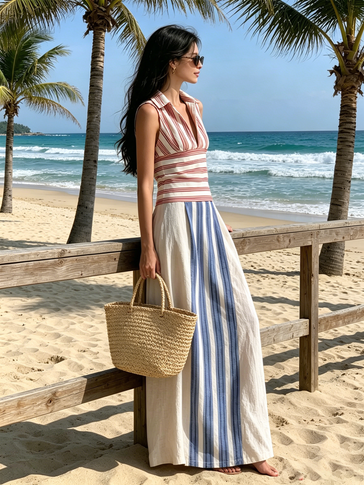 Costa | Vestido longo em linho, riscado