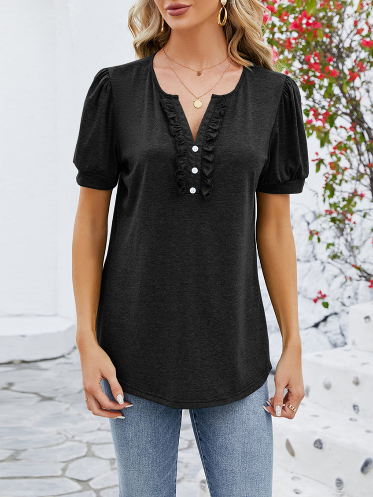 Blusa de Manga Curta com Botões à Frente e Mangas Bufantes