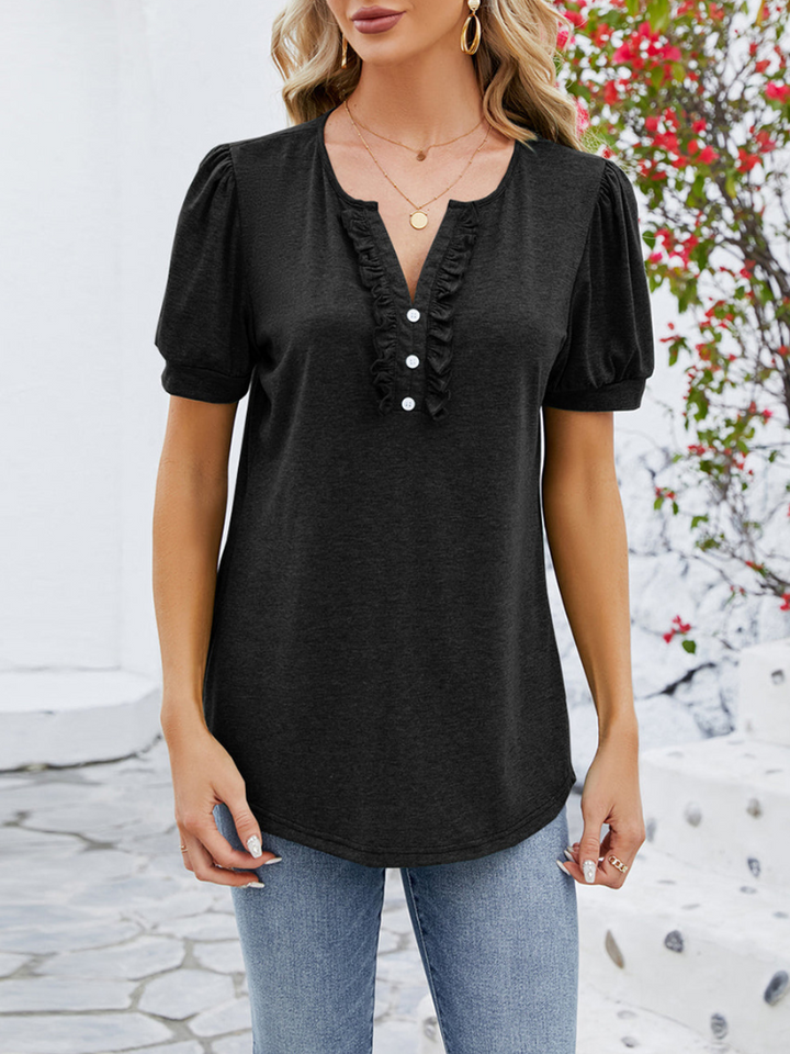 Blusa de Manga Curta com Botões à Frente e Mangas Bufantes