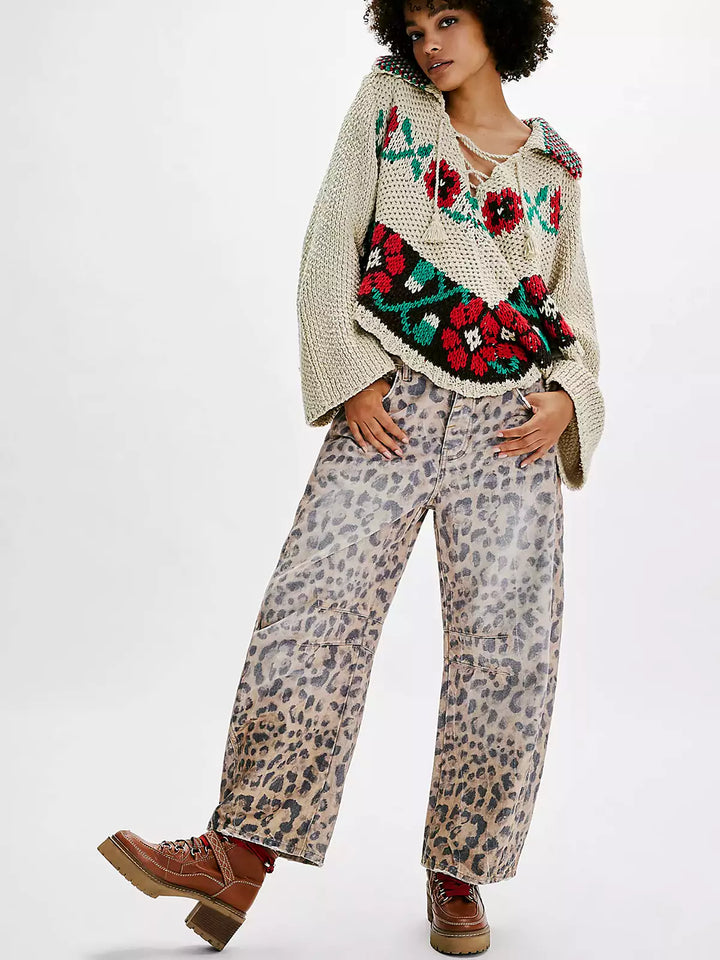 Calças de Ganga Barrel com Estampado de Leopardo