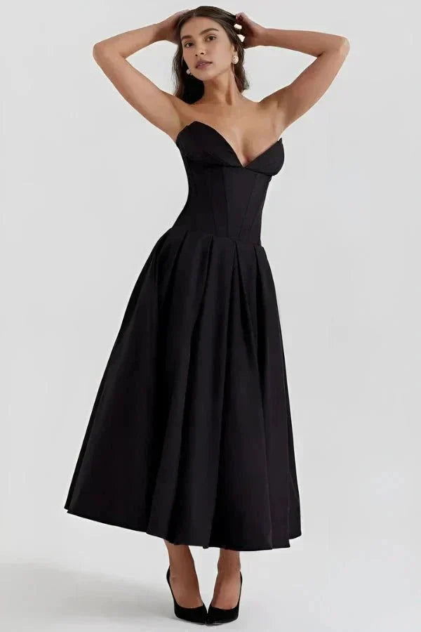 Vestido Midi com Corpete Estruturado - Sem Alças