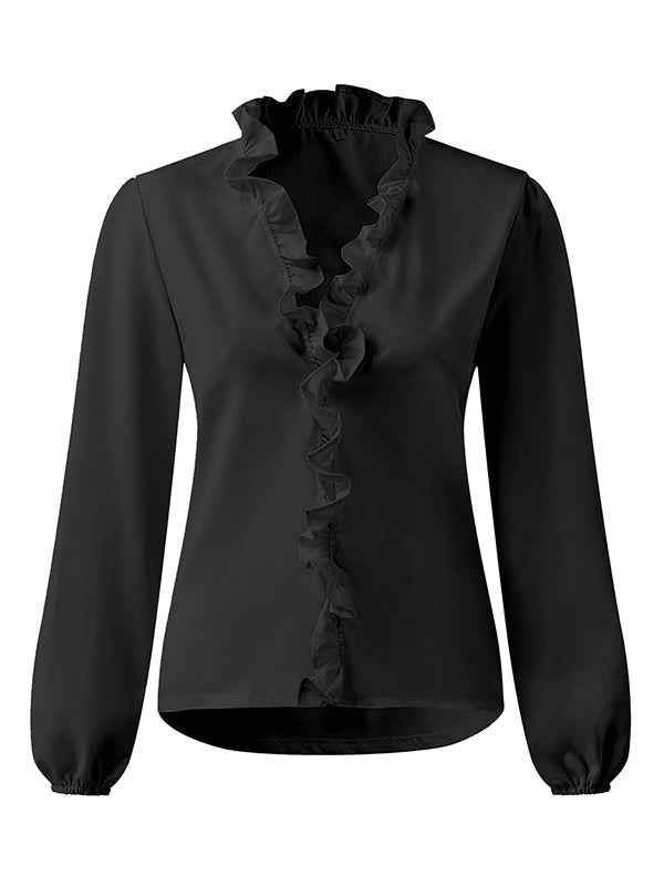 Blusa de Manga Comprida com Decote em V, Folhos e Mangas Bufantes