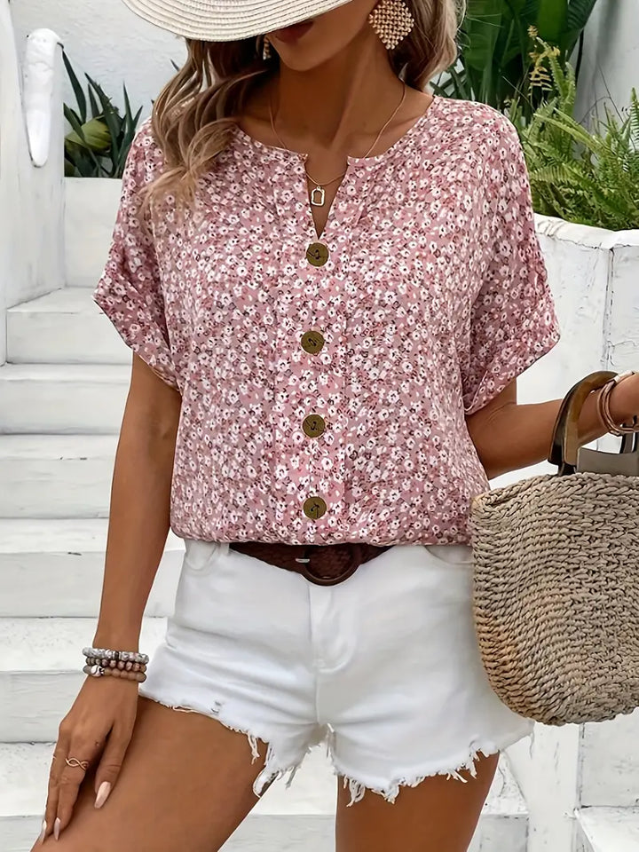 Blusa Floral de Manga Curta com Botões à Frente