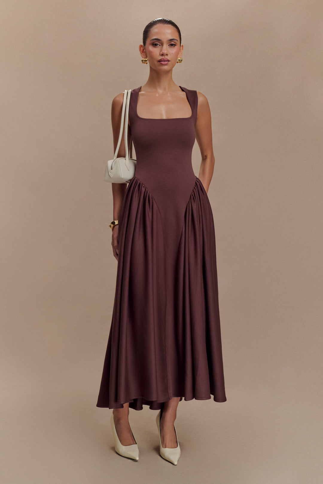 Sara - Vestido midi em malha castanho