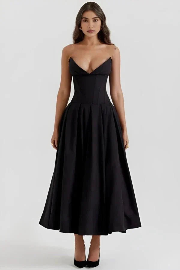 Vestido Midi com Corpete Estruturado - Sem Alças