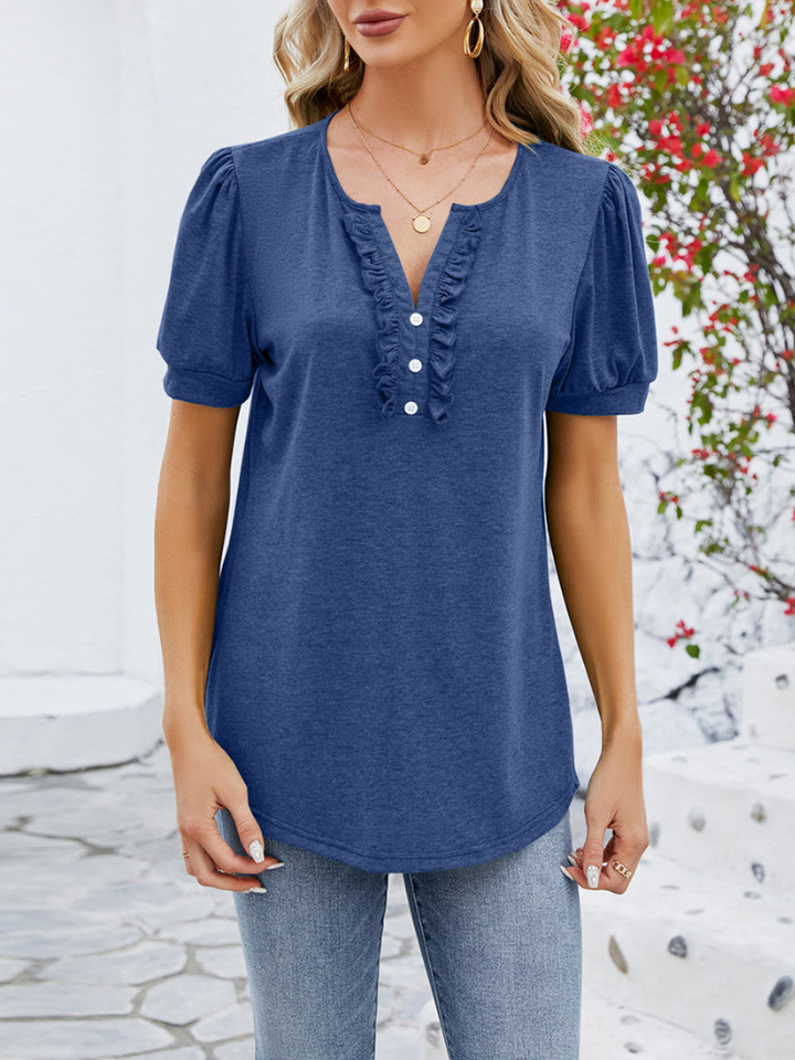 Blusa de Manga Curta com Botões à Frente e Mangas Bufantes
