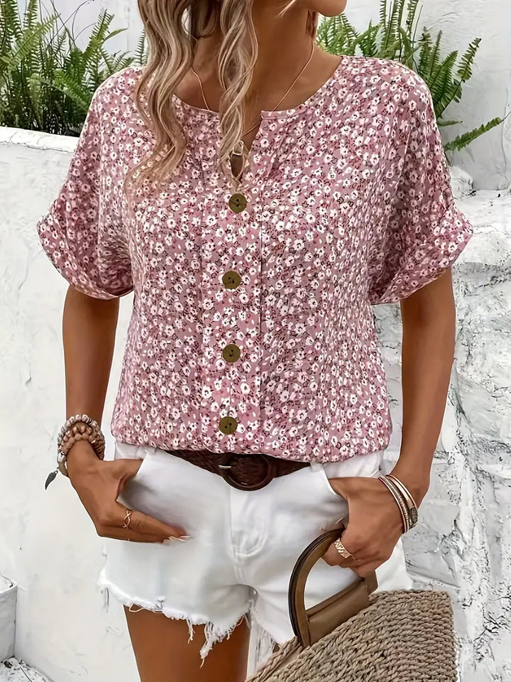 Blusa Floral de Manga Curta com Botões e Corte Folgado