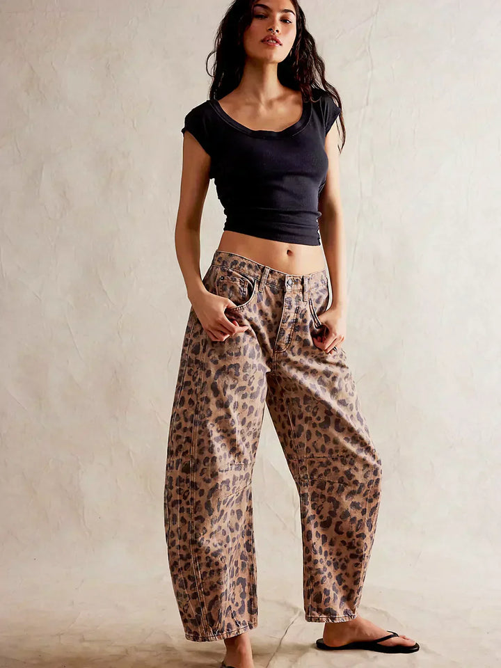 Calças de Ganga Barrel com Estampado de Leopardo