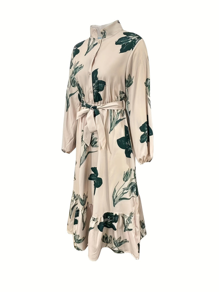 Flora - Vestido Longo Floral com Cinto e Mangas Compridas