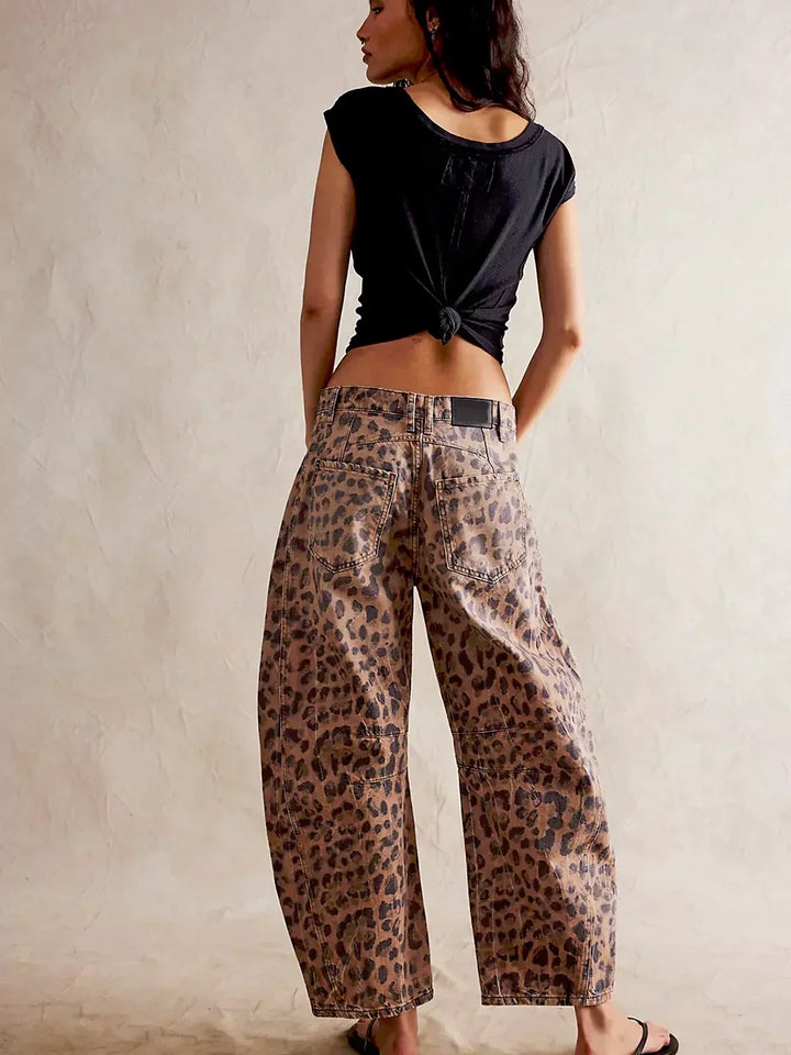Calças de Ganga Barrel com Estampado de Leopardo