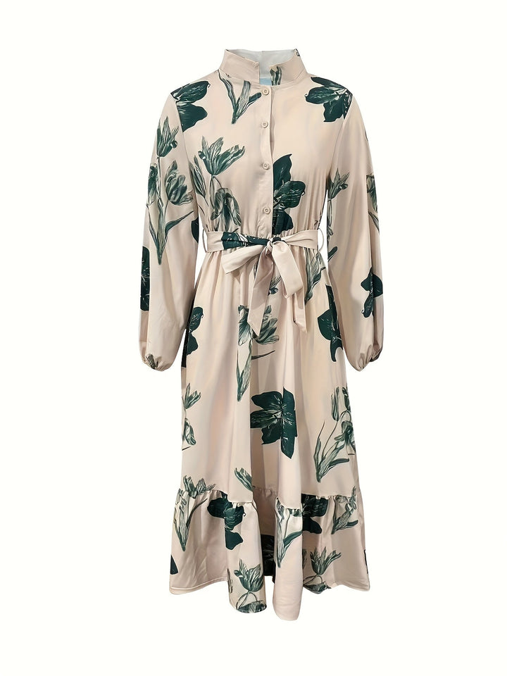 Flora - Vestido Longo Floral com Cinto e Mangas Compridas