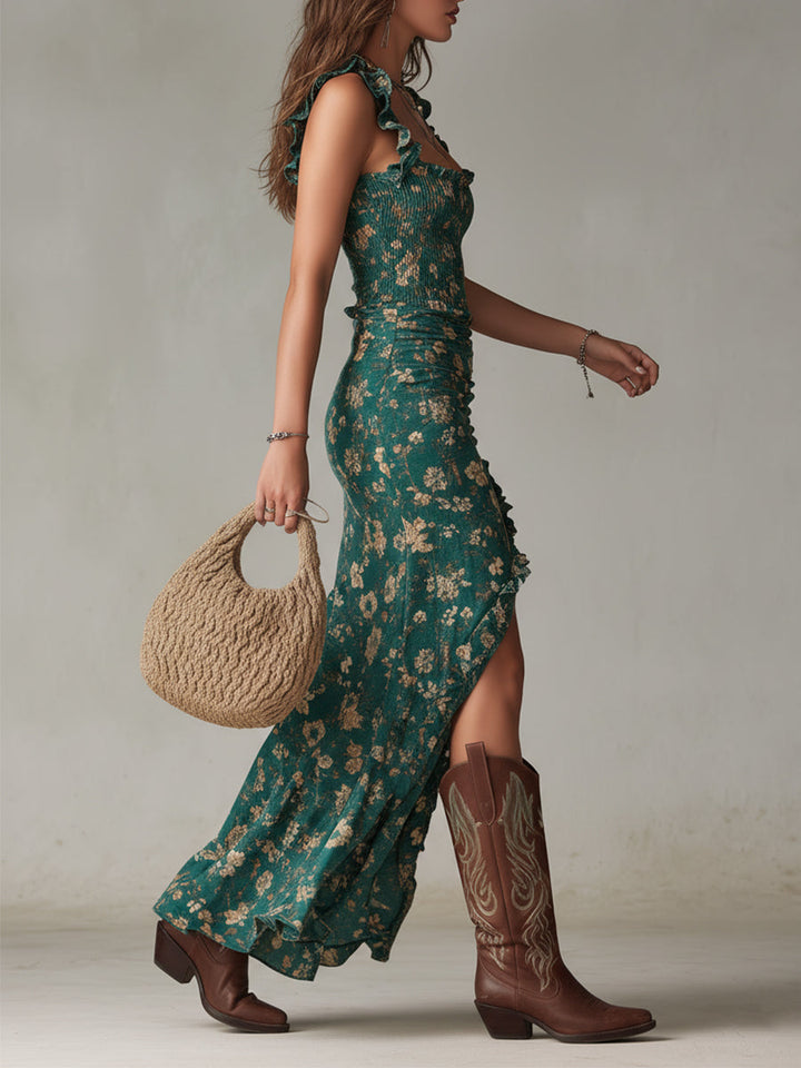 Alma Porto - Vestido Maxi Boho Retrô com Mangas Franzidas e Racha Alta