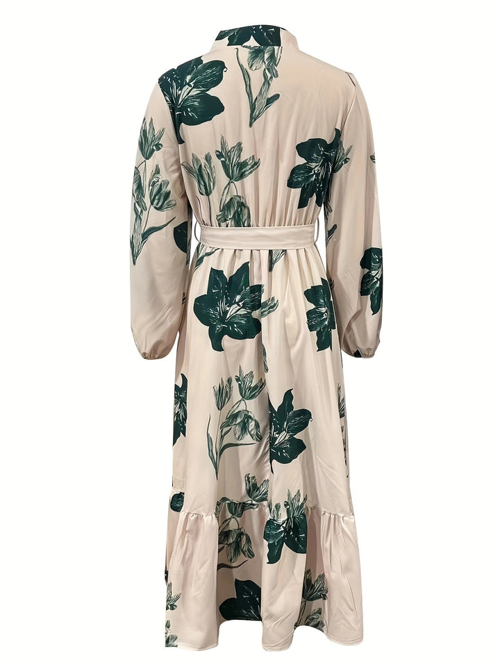 Flora - Vestido Longo Floral com Cinto e Mangas Compridas