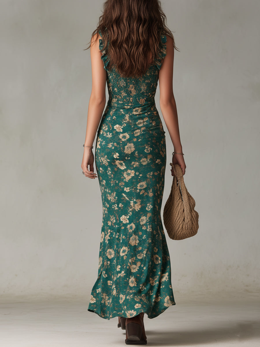 Alma Porto - Vestido Maxi Boho Retrô com Mangas Franzidas e Racha Alta