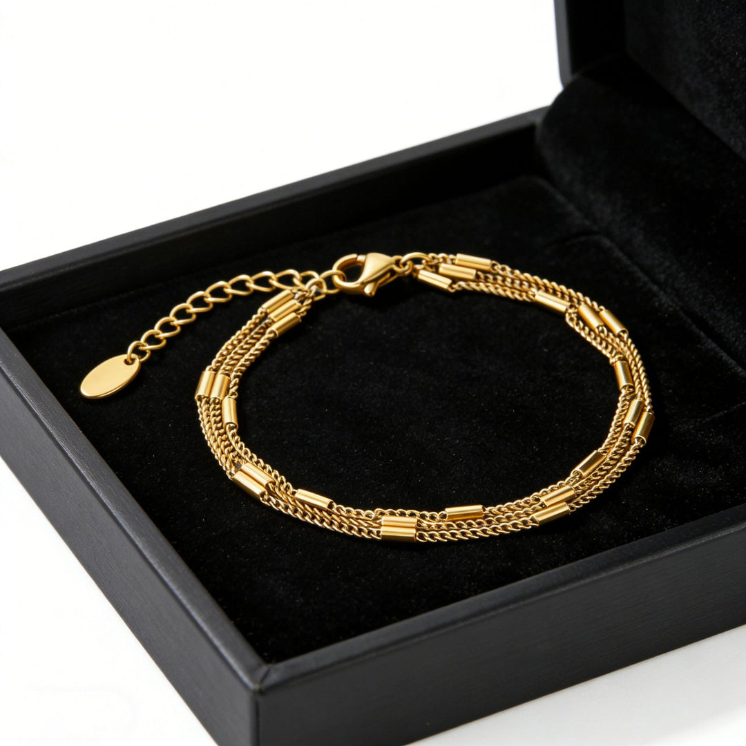 Pulseira Multicamadas em Aço Inoxidável Banhado a Ouro