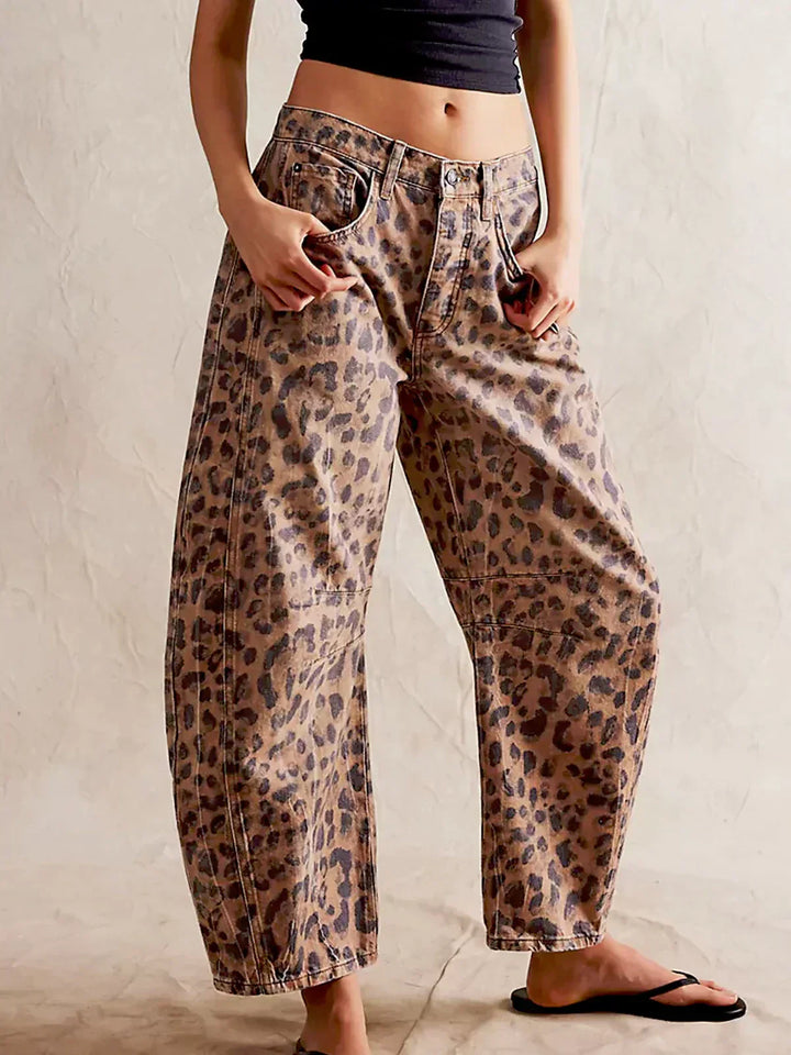 Calças de Ganga Barrel com Estampado de Leopardo