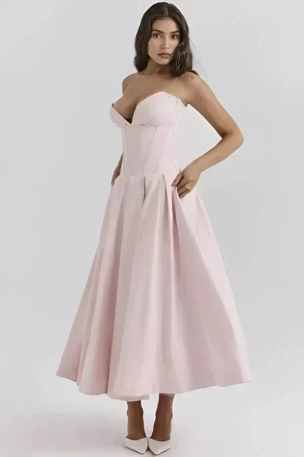 Vestido Midi com Corpete Estruturado - Sem Alças