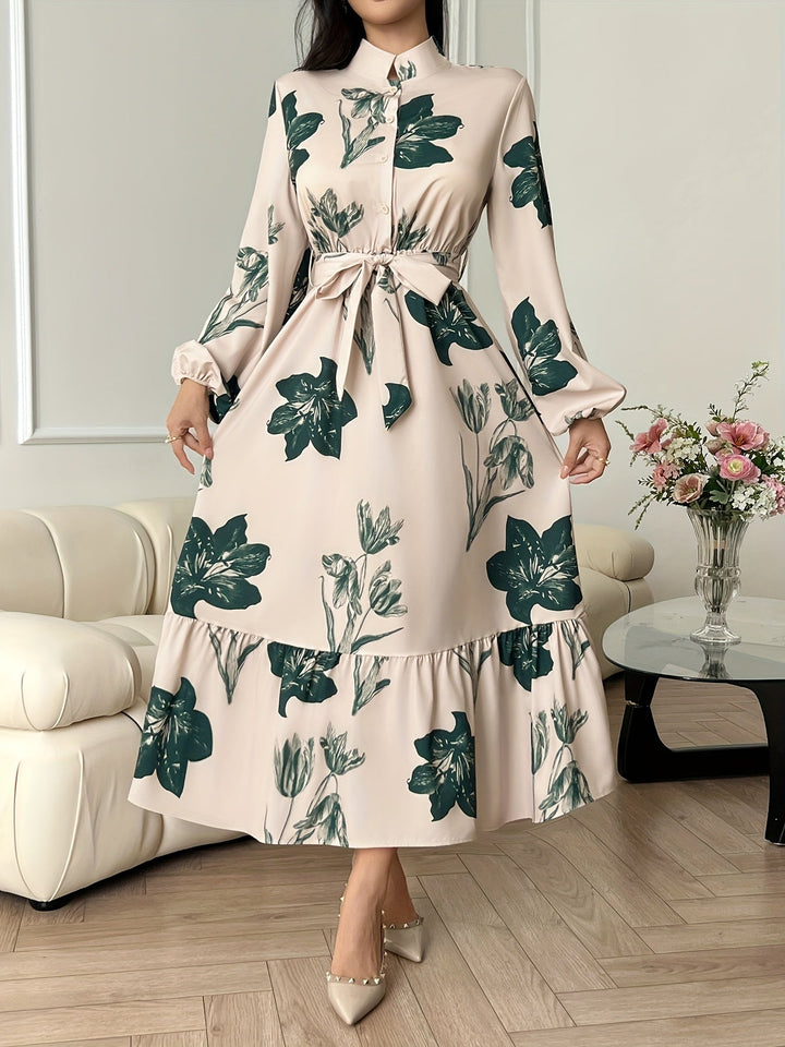 Flora - Vestido Longo Floral com Cinto e Mangas Compridas
