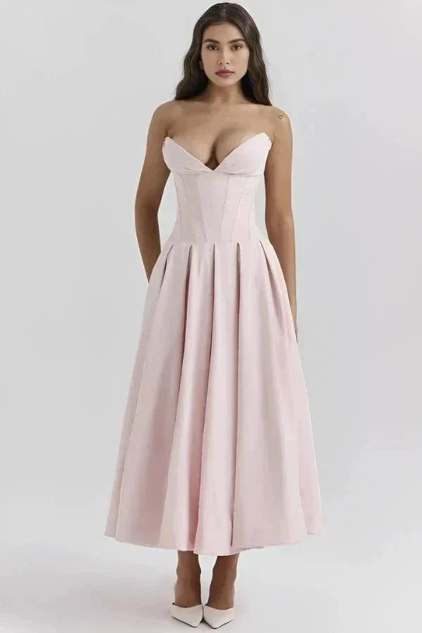 Vestido Midi com Corpete Estruturado - Sem Alças
