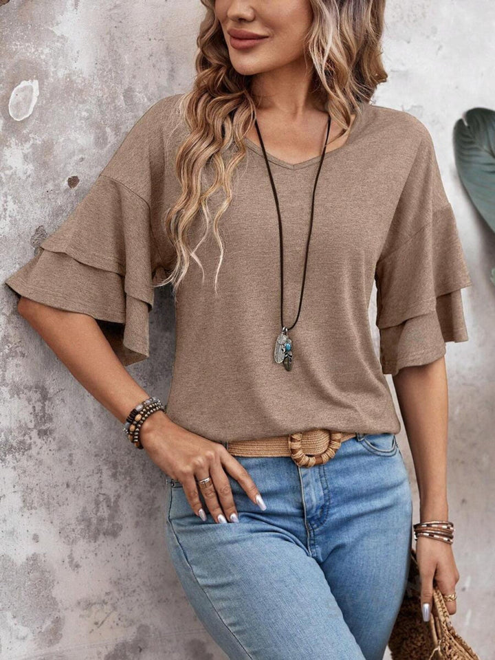 Blusa com Decote em V e Mangas com Folhos