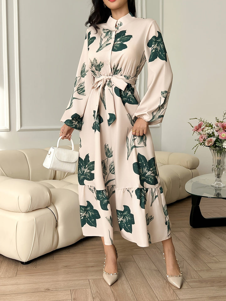 Flora - Vestido Longo Floral com Cinto e Mangas Compridas