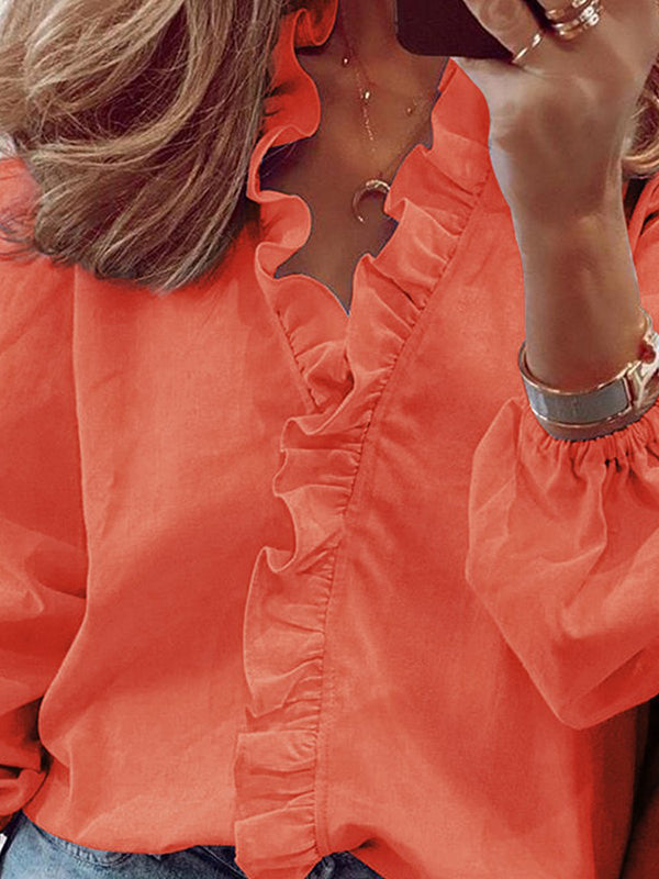 Blusa de Manga Comprida com Decote em V, Folhos e Mangas Bufantes