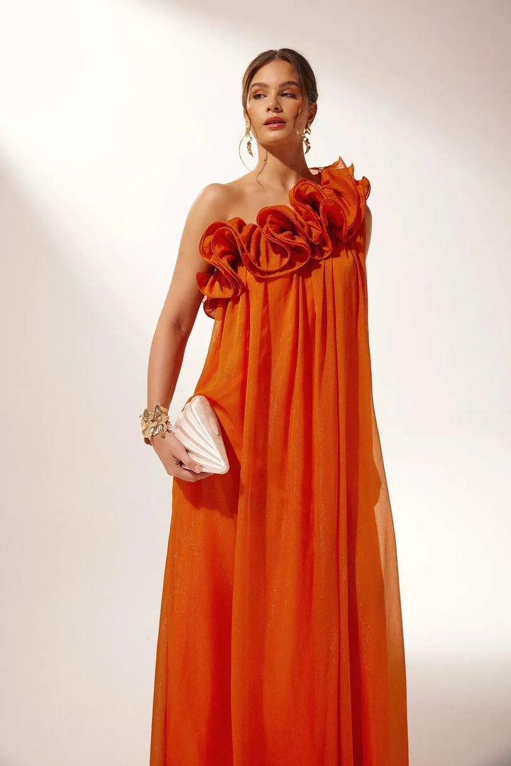 Vestido Assimétrico de Noite com Renda em Um Ombro