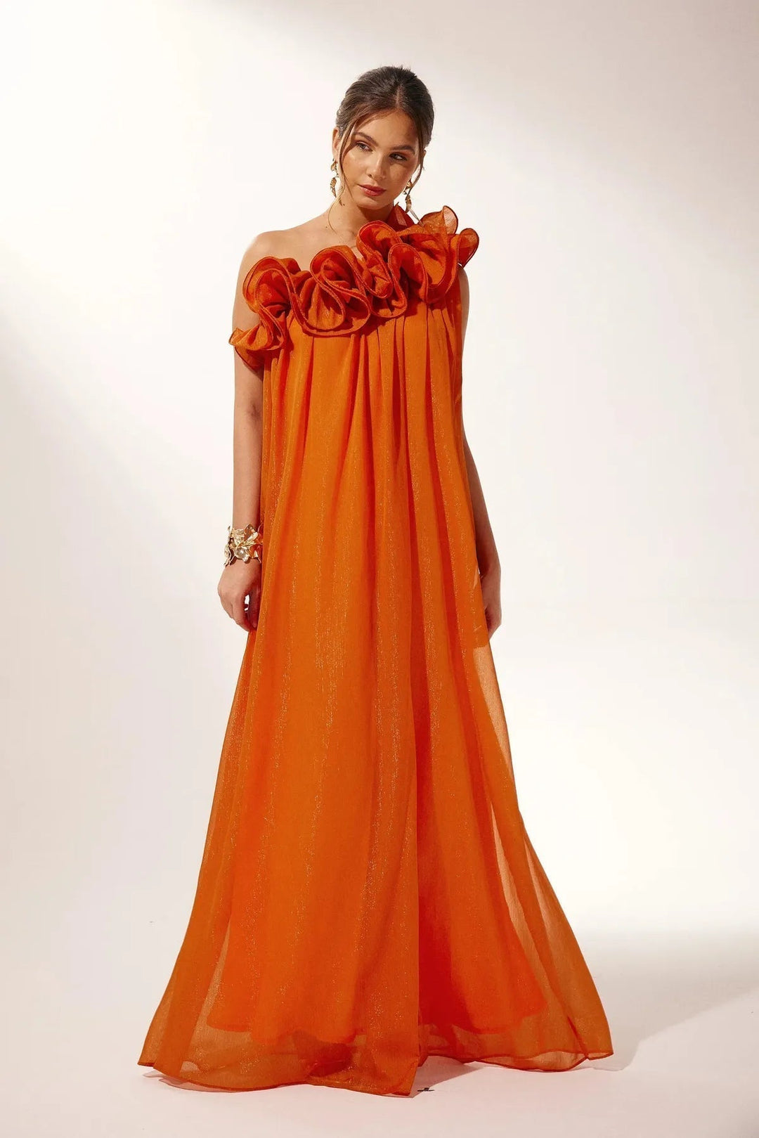 Vestido Assimétrico de Noite com Renda em Um Ombro