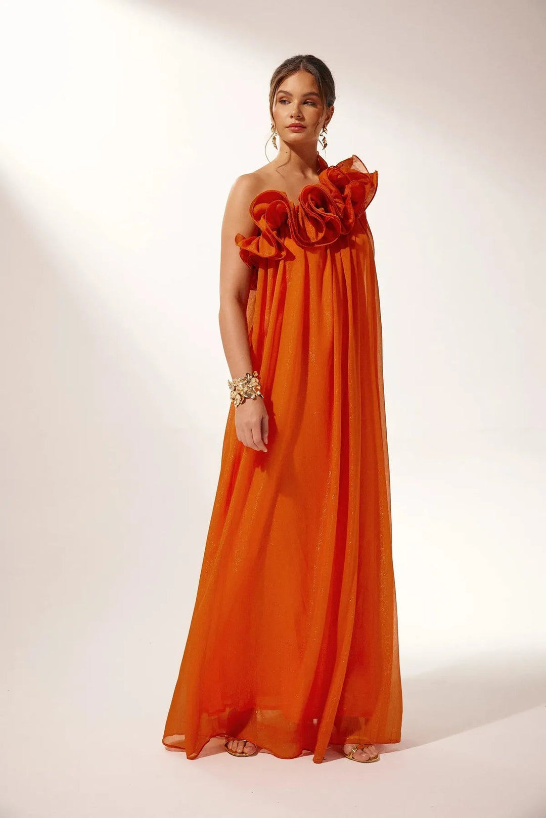 Vestido Assimétrico de Noite com Renda em Um Ombro