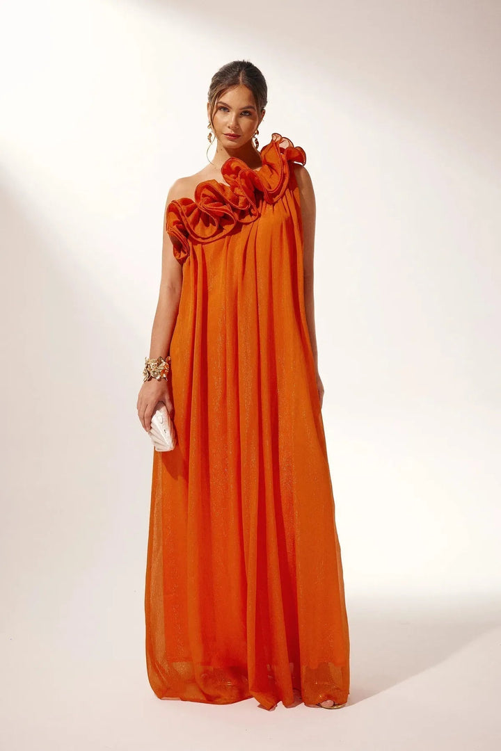 Vestido Assimétrico de Noite com Renda em Um Ombro