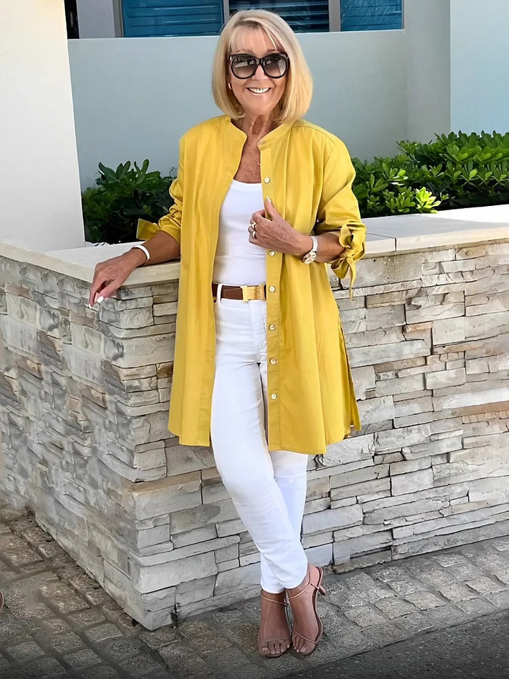 Blusa Longa Abotoada com Costas Plissadas e Mangas com Laço