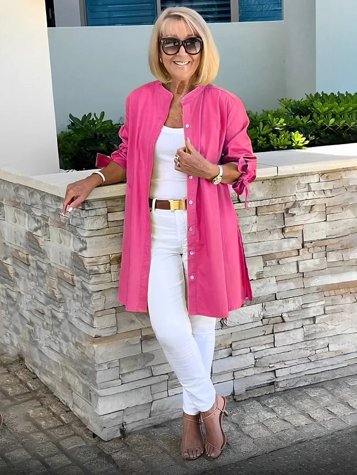 Blusa Longa Abotoada com Costas Plissadas e Mangas com Laço