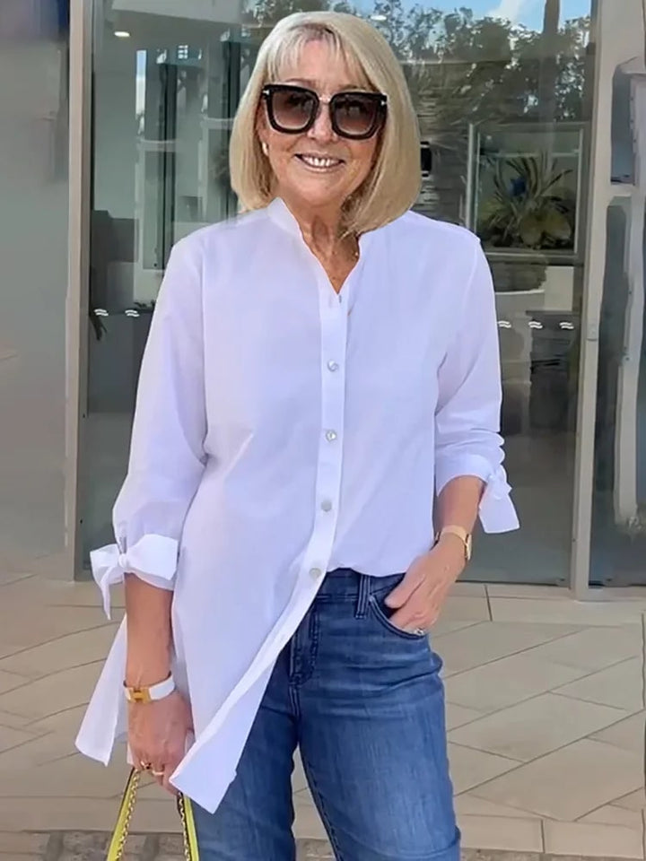 Blusa Longa Abotoada com Costas Plissadas e Mangas com Laço