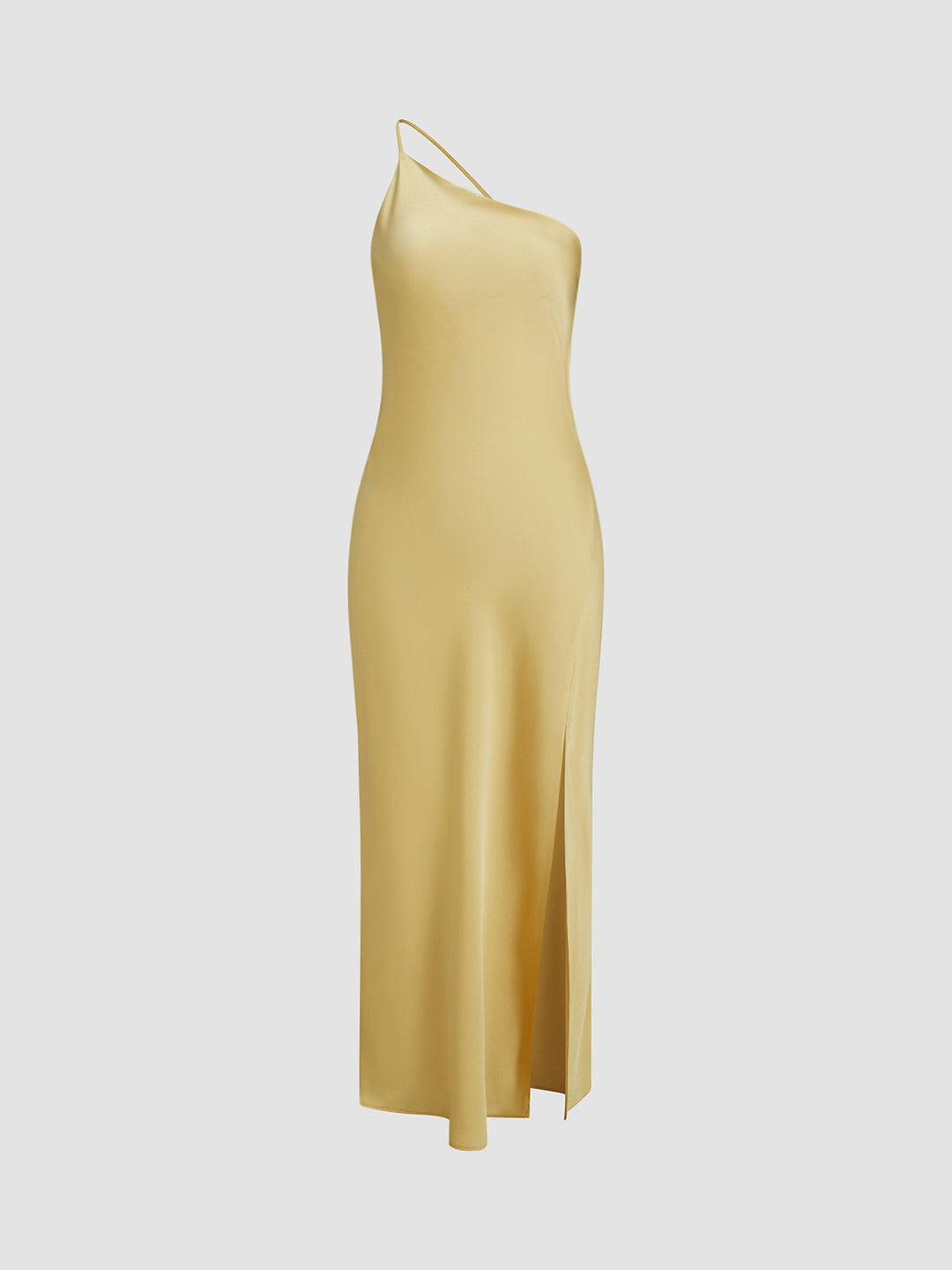 Maxi Vestido de Cetim com Um Ombro e Fenda Lateral