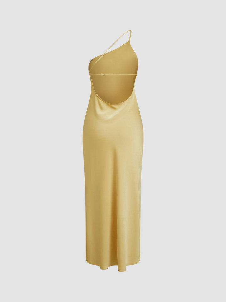 Maxi Vestido de Cetim com Um Ombro e Fenda Lateral