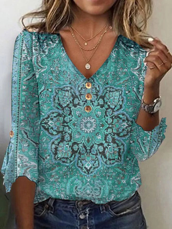 Blusa Floral com Decote em V e Mangas Soltas
