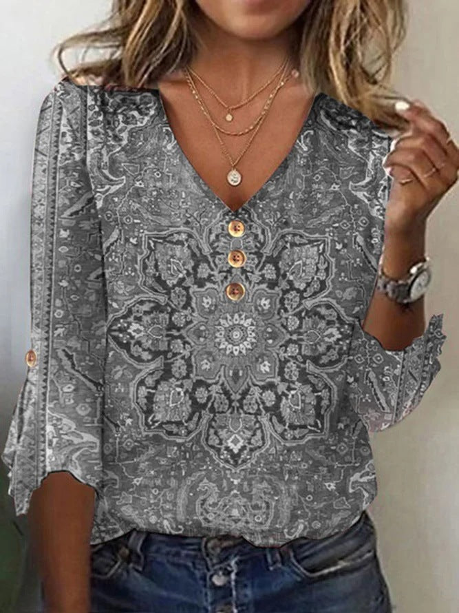 Blusa Floral com Decote em V e Mangas Soltas