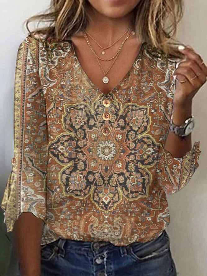 Blusa Floral com Decote em V e Mangas Soltas