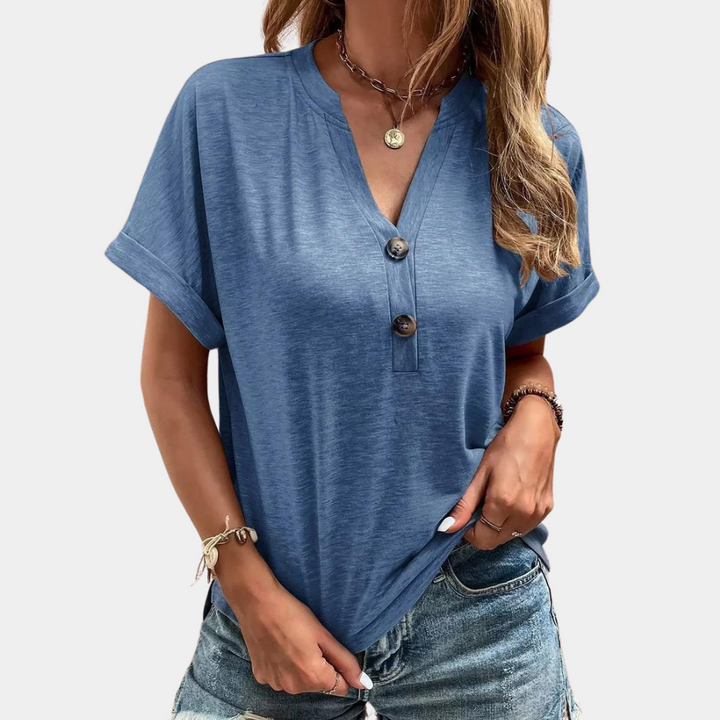 Blusa Casual de Manga Curta com Decote em V e Botões