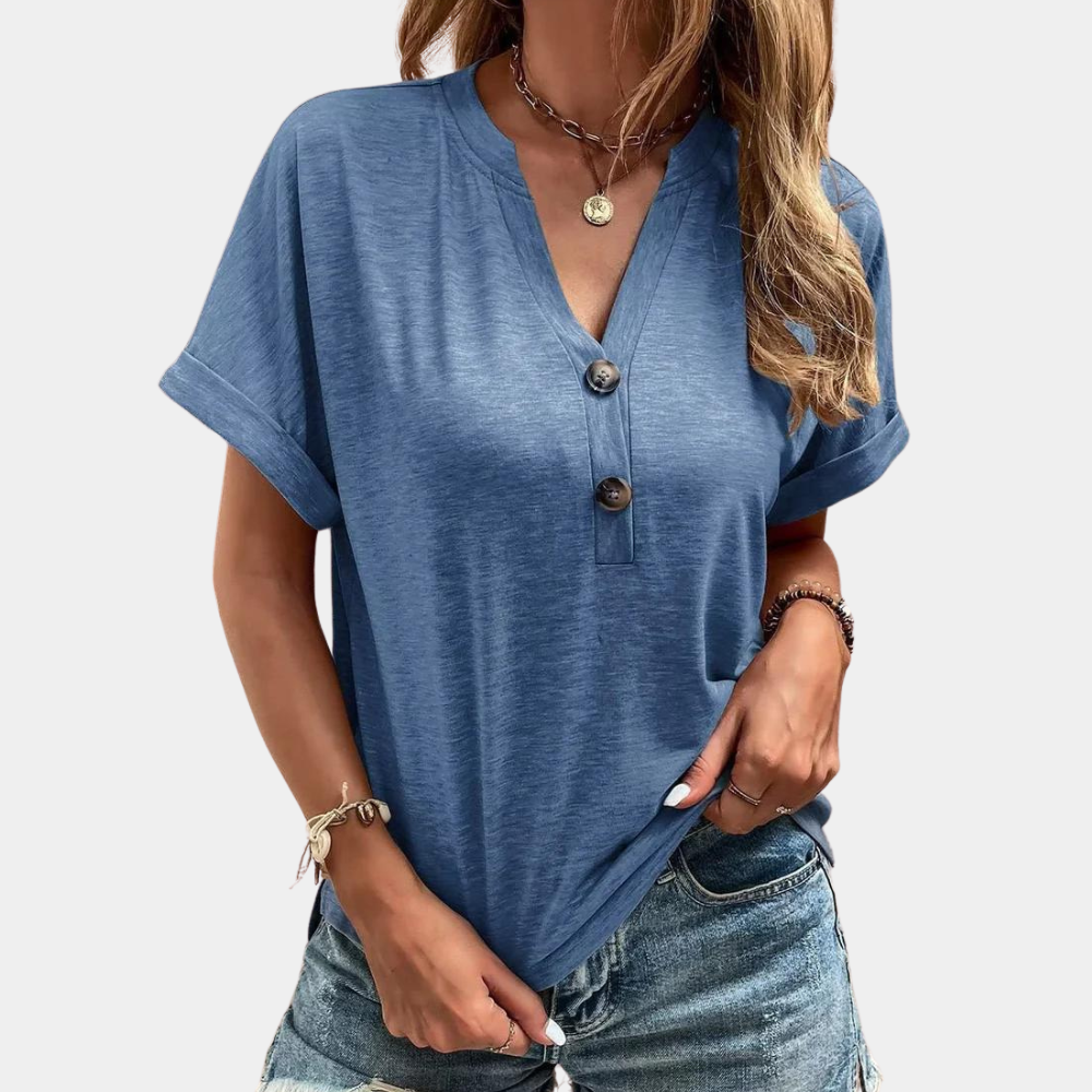 Blusa Casual de Manga Curta com Decote em V e Botões